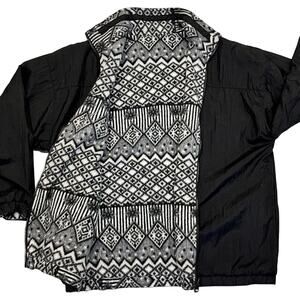 Vtg Womens Reversible Aztec Fleece Nylon Jacket Medium Black White Winter Ski